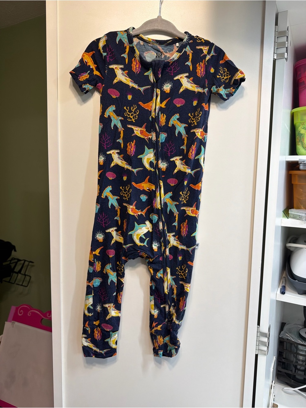 Navy Shark & Sea Life Zip-Front One-Piece Footie